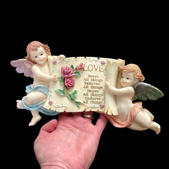 Vintage Cherub Wall Plaque 3D Angels Holding Love Scroll Art Hanging Decor - Picture 1 of 8